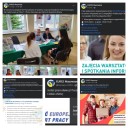 Na zdjęciu widać 5 postów opublikowanych na Facebooku w trakcie kampanii informacyjnej na profilu EURES Mazowsze. Posty zawierają informacje o trwających wydarzeniach organizowanych w ramach Europejskich Dni Pracodawców. Newsy są skierowane do pracodawców oraz osób poszukujących pracy.