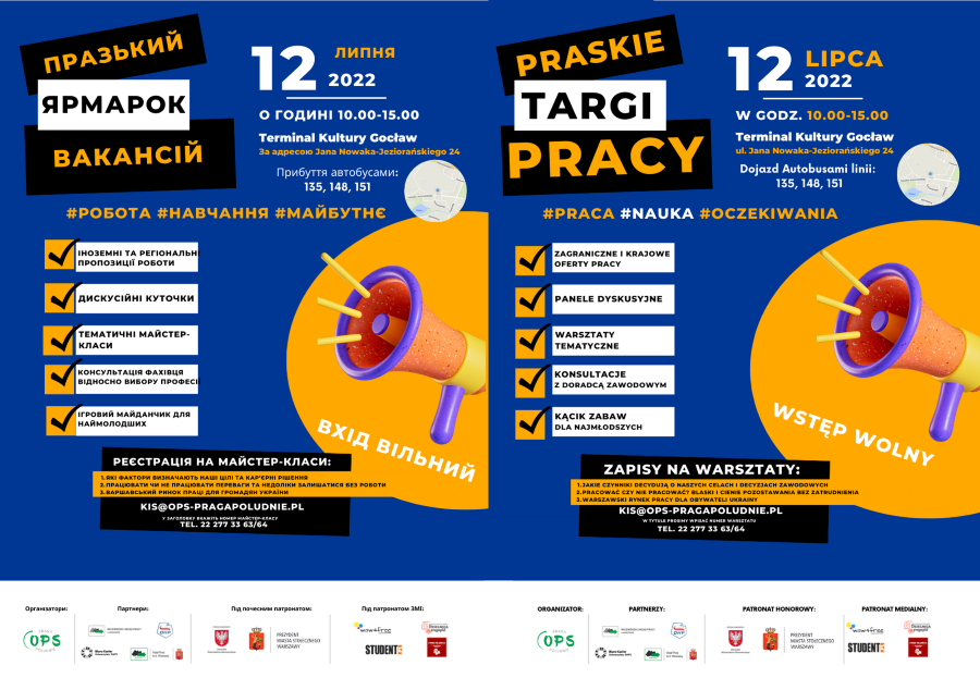 Plakat promujący Praskie Targi Pracy w języku polskim i ukraińskim
