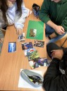 Trzy młode osoby siedzą przy stole i pracują w grupach z kartami wyboru Profeski - są to kolorowe zdjęcia przedstawiające różne zawody.