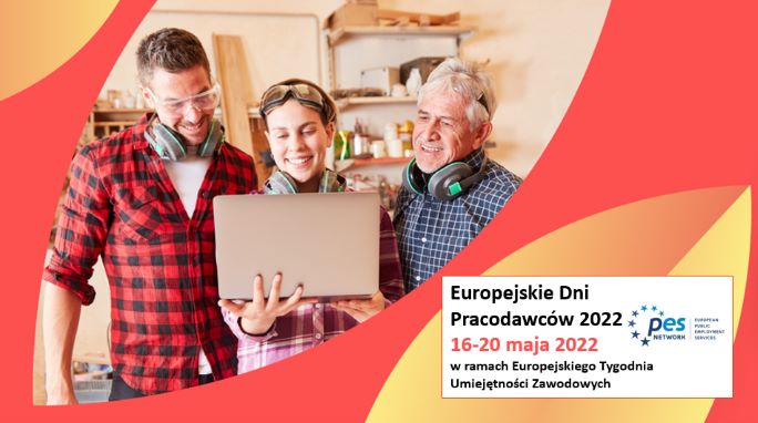 Baner promujący Europejskie Dni Pracodawców 2022. Przedstawia trzy osoby trzymające w ręku laptopa.