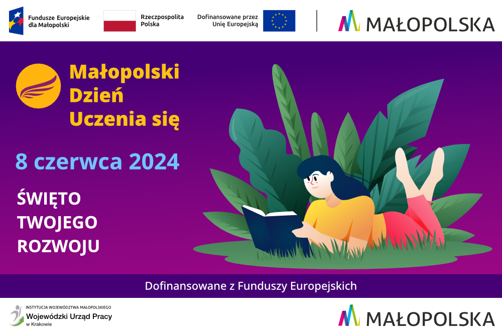 Baner reklamujący Małopolski Dzień uczenia się, rysunek kobiety leżącej na trawie i czytającej książkę, nazwa i data wydarzenia, hasło Święto Twojego Rozwoju oraz informacja o dofinansowaniu z Funduszy Europejskich